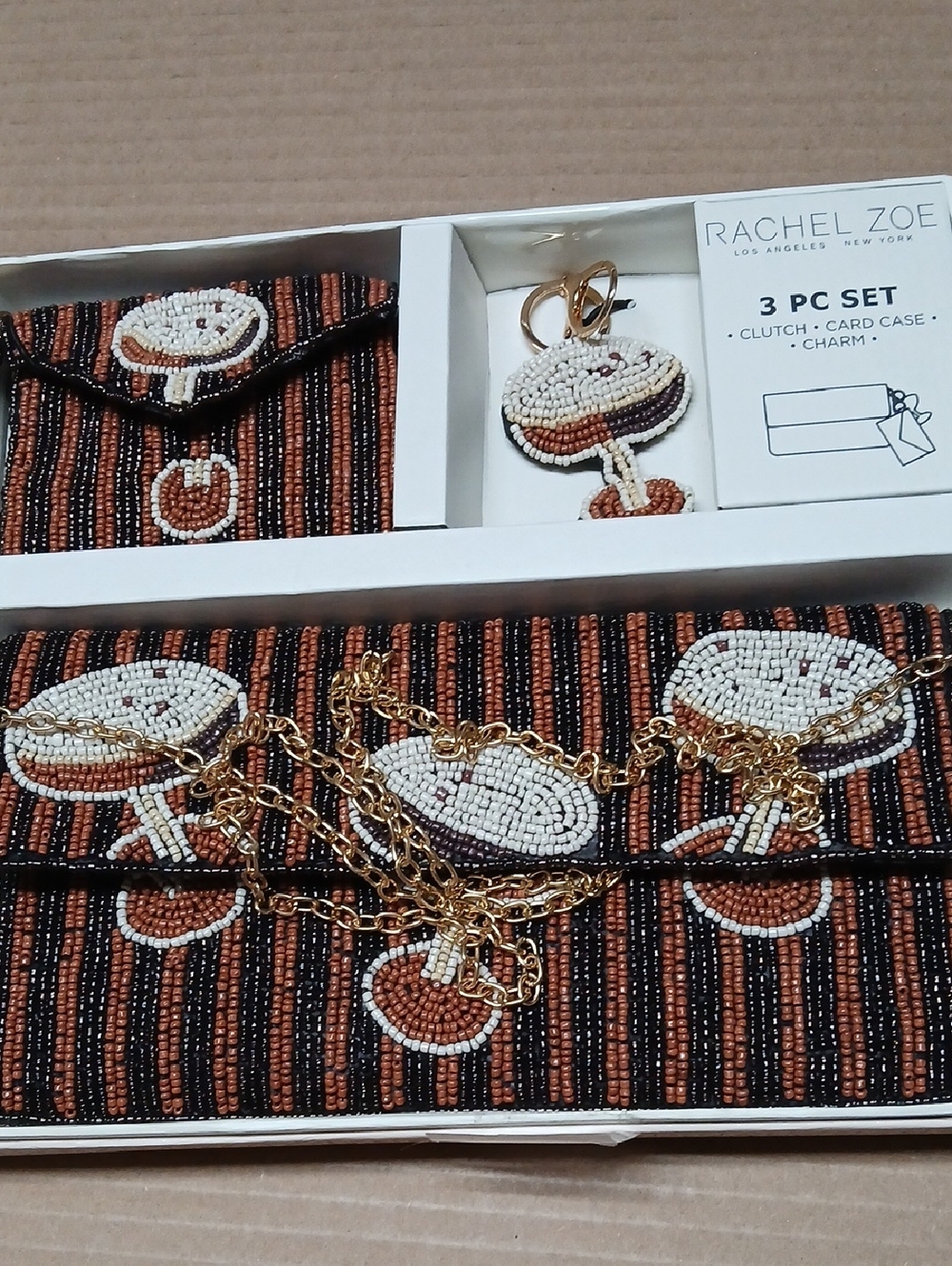 Rachel Zoe Beaded Espresso Martini Design 3 Piece Set - Clutch Card Case Charm - Picture 8 of 11